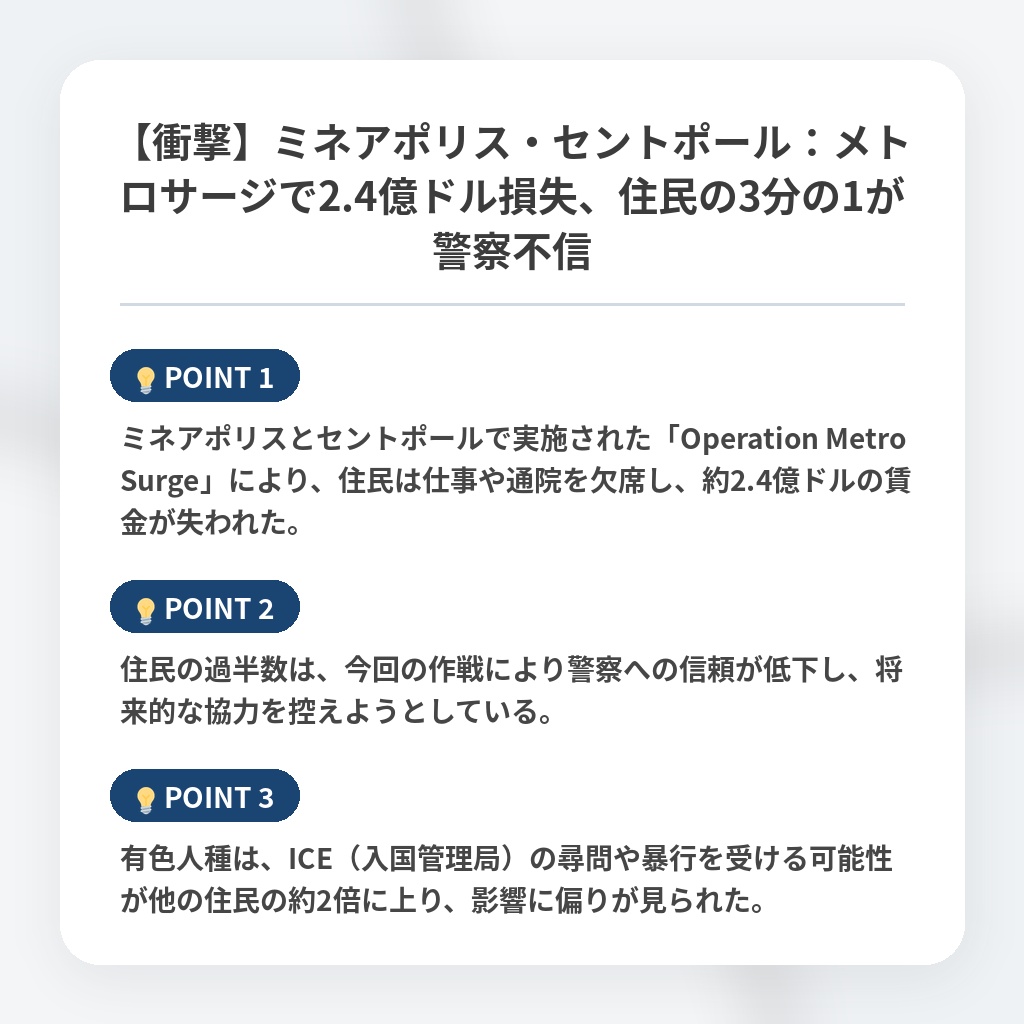 【衝撃】ミネアポリス・セントポール:メトロサージで2.4億ドル損失、住民の3分の1が警察不信の注目ポイントまとめ