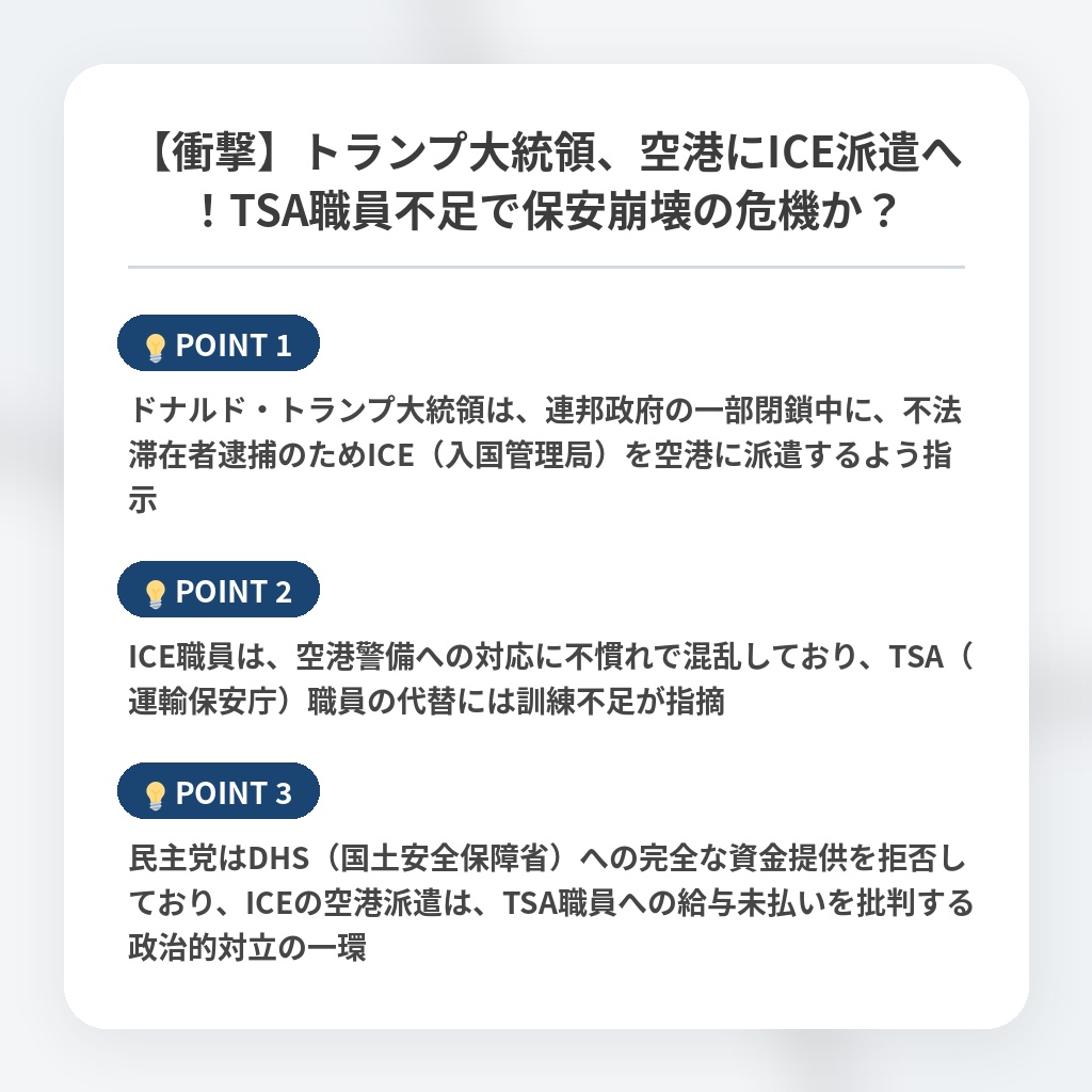 【衝撃】トランプ大統領、空港にICE派遣へ！TSA職員不足で保安崩壊の危機か？の注目ポイントまとめ