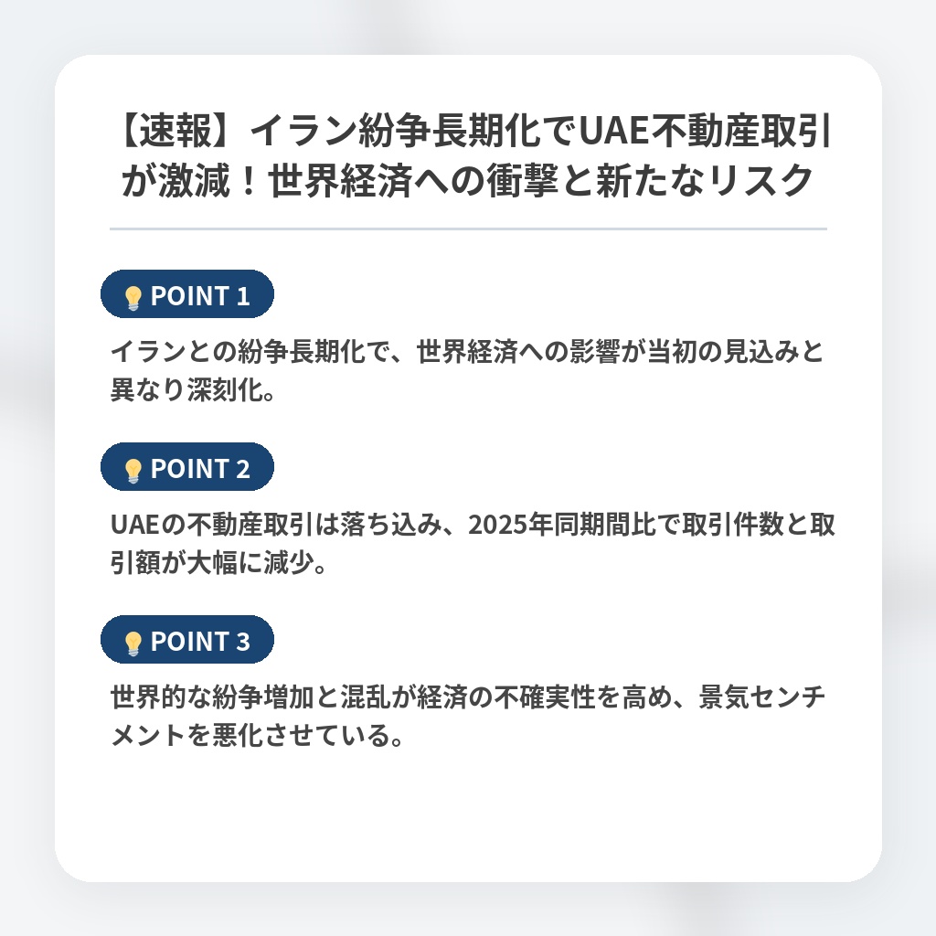 【速報】イラン紛争長期化でUAE不動産取引が激減！世界経済への衝撃と新たなリスクの注目ポイントまとめ