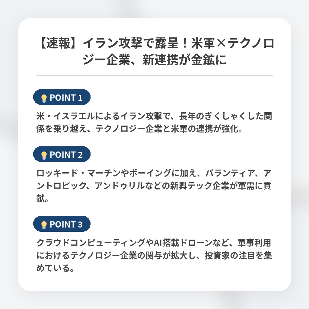 【速報】イラン攻撃で露呈！米軍×テクノロジー企業、新連携が金鉱にの注目ポイントまとめ