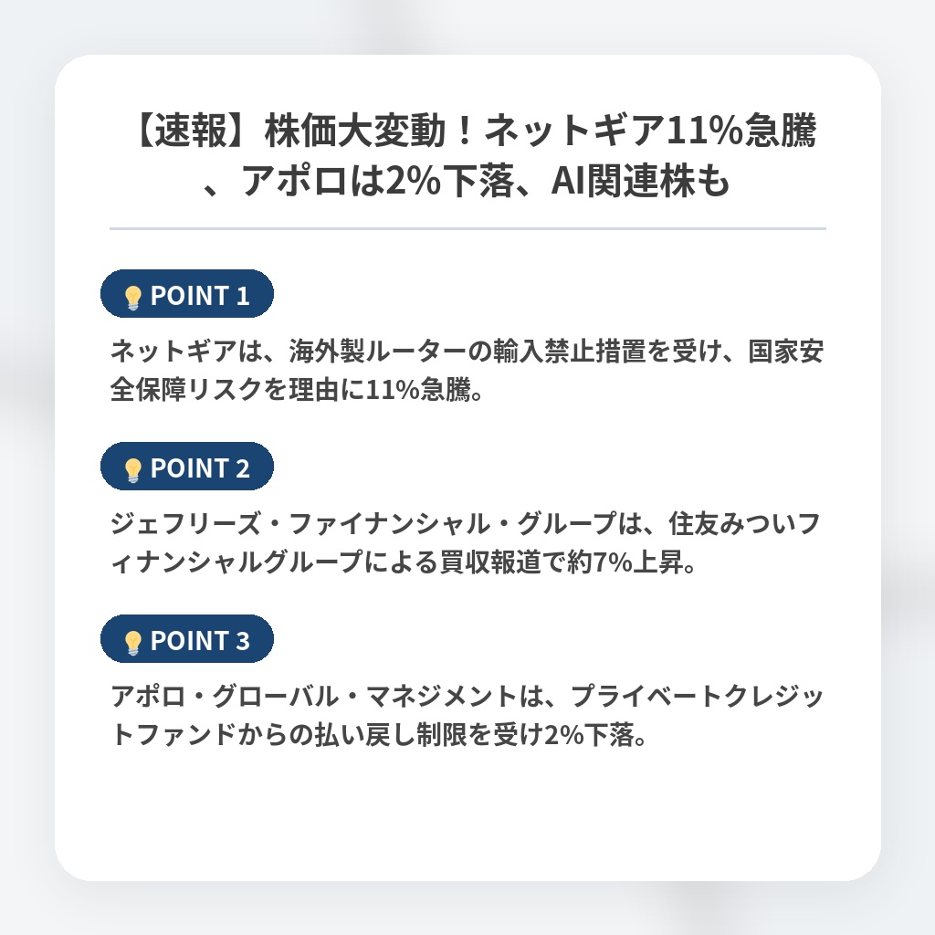【速報】株価大変動！ネットギア11%急騰、アポロは2%下落、AI関連株もの注目ポイントまとめ