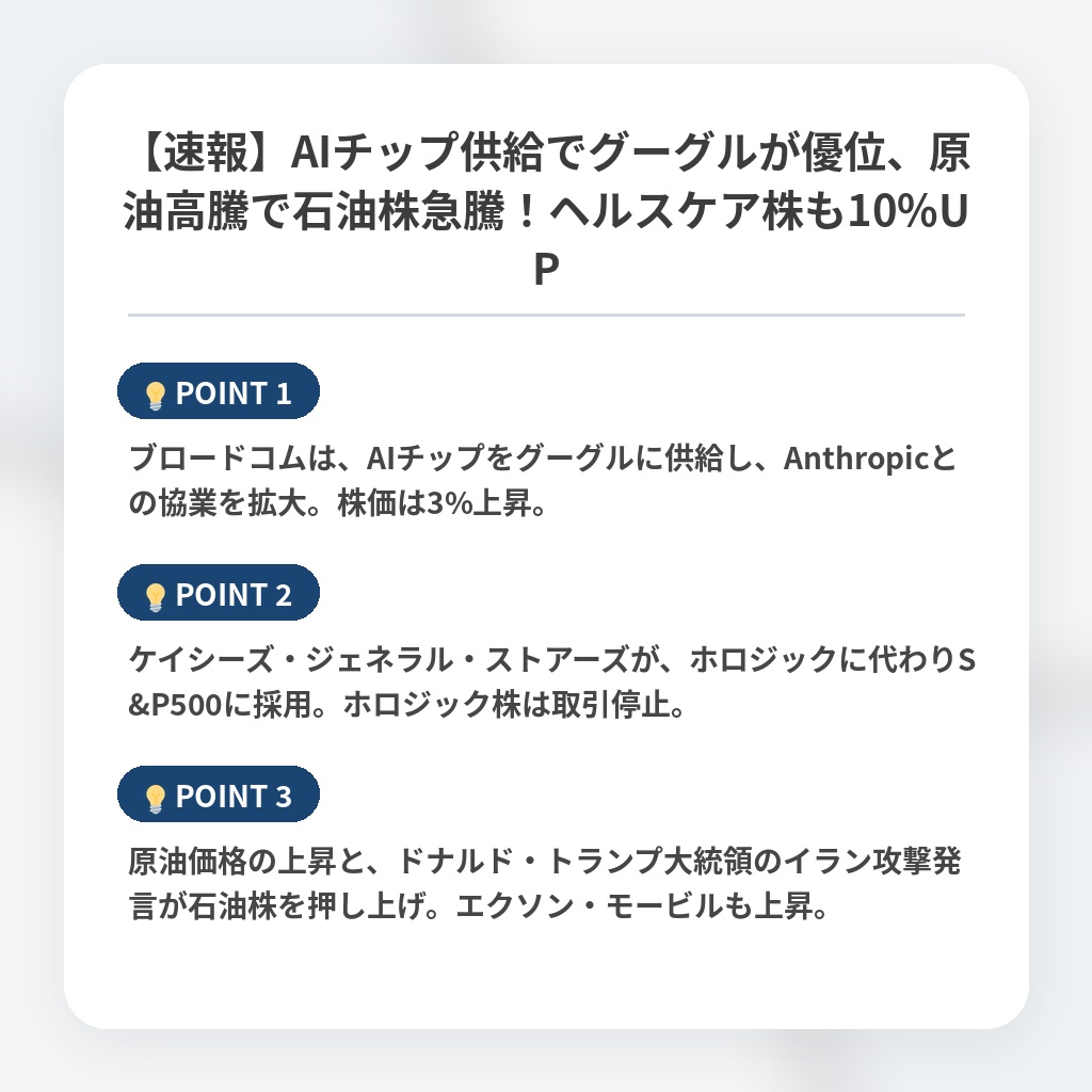 【速報】AIチップ供給でグーグルが優位、原油高騰で石油株急騰！ヘルスケア株も10%UPの注目ポイントまとめ