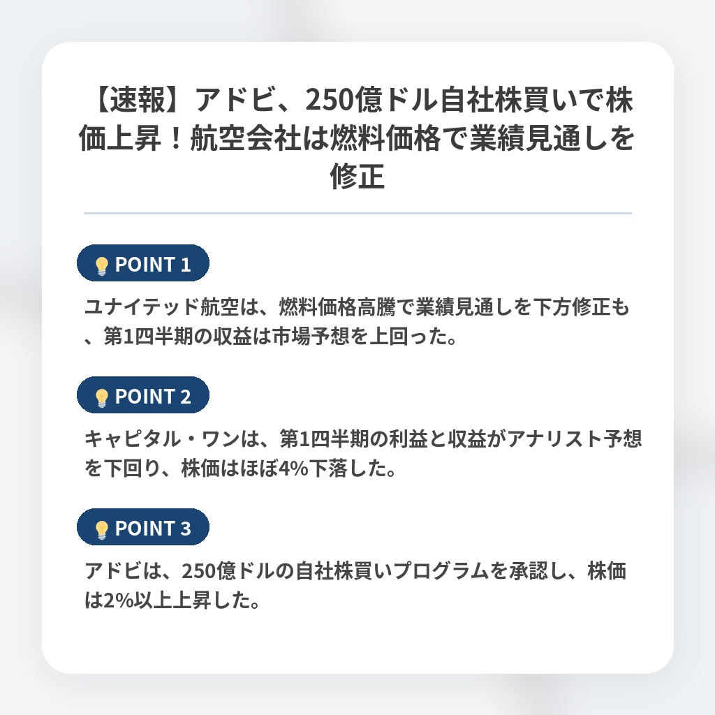 【速報】アドビ、250億ドル自社株買いで株価上昇！航空会社は燃料価格で業績見通しを修正の注目ポイントまとめ