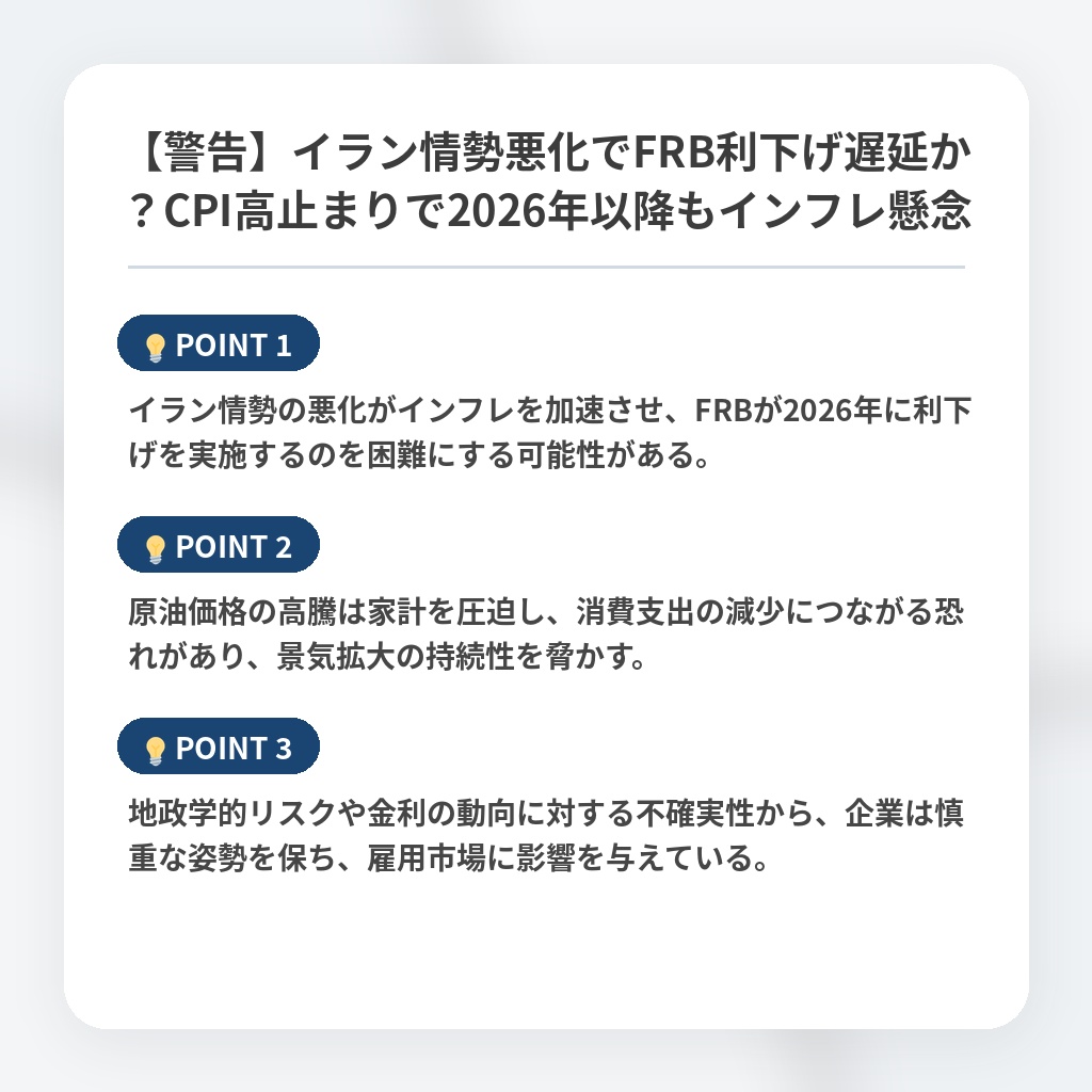 【警告】イラン情勢悪化でFRB利下げ遅延か?CPI高止まりで2026年以降もインフレ懸念の注目ポイントまとめ