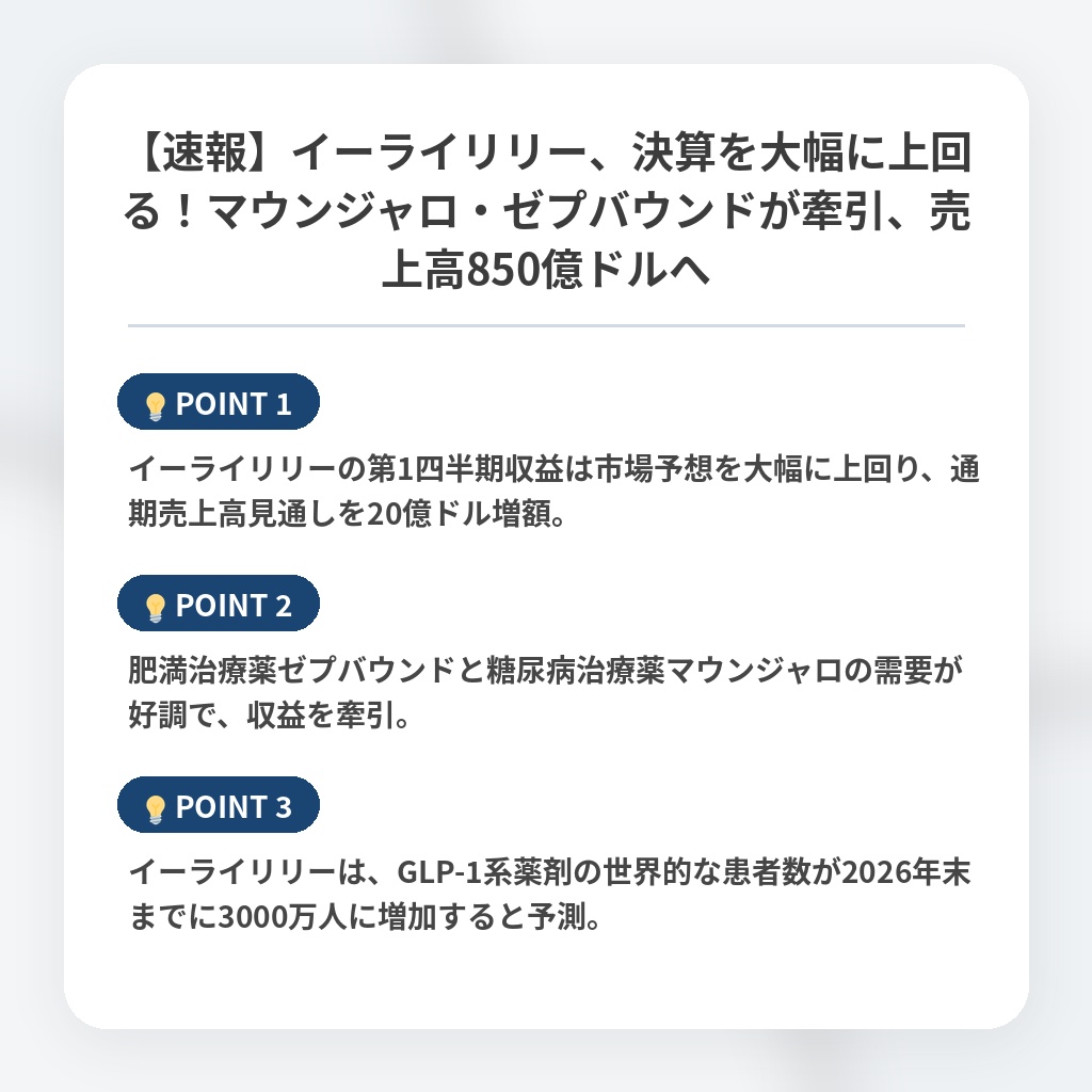 【速報】イーライリリー、決算を大幅に上回る！マウンジャロ・ゼプバウンドが牽引、売上高850億ドルへの注目ポイントまとめ