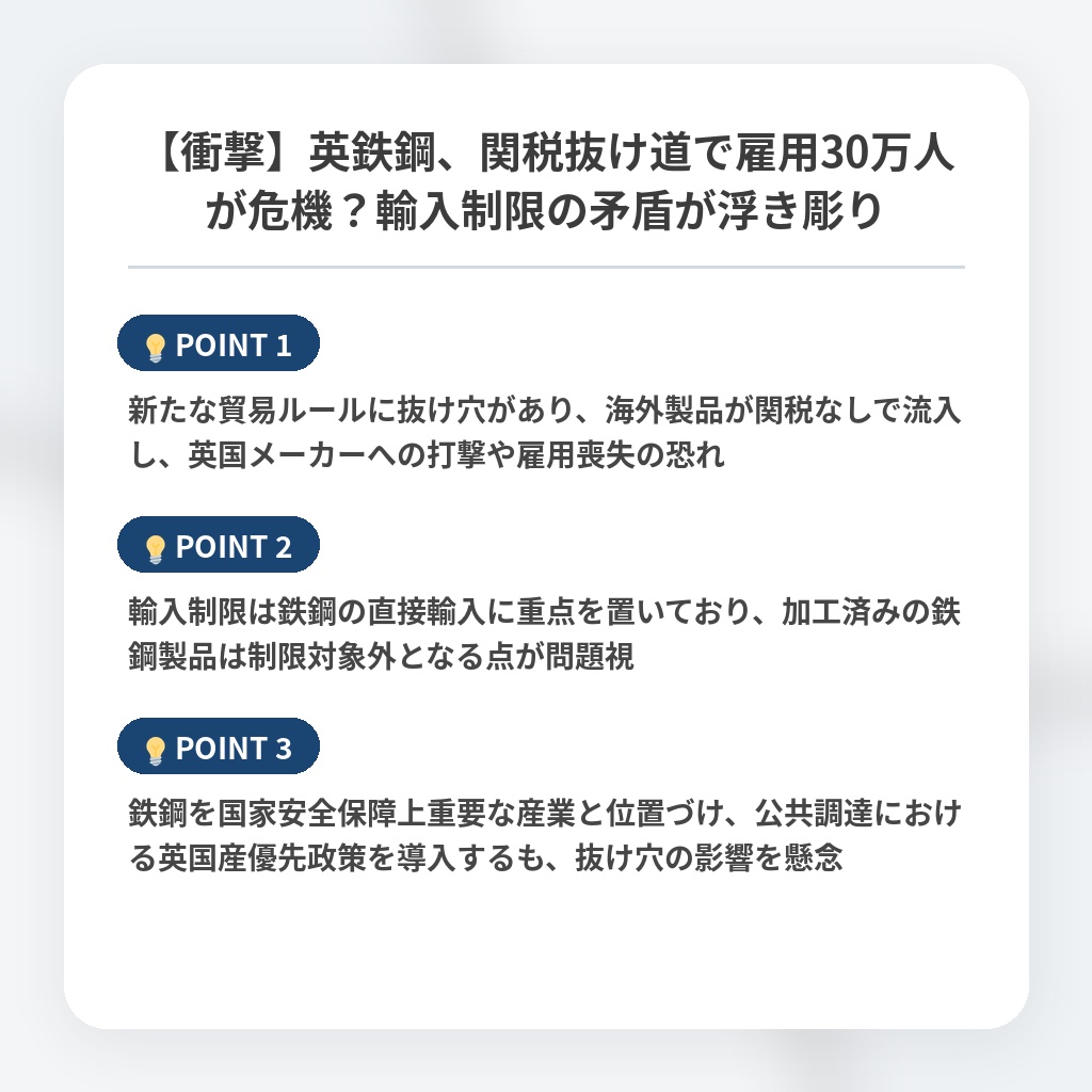 【衝撃】英鉄鋼、関税抜け道で雇用30万人が危機？輸入制限の矛盾が浮き彫りの注目ポイントまとめ