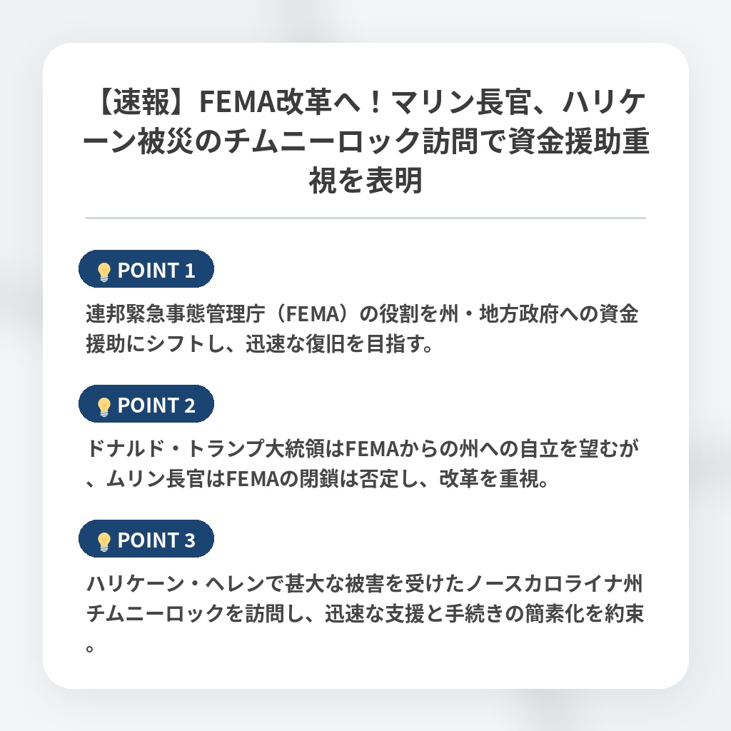 【速報】FEMA改革へ！マリン長官、ハリケーン被災のチムニーロック訪問で資金援助重視を表明の注目ポイントまとめ