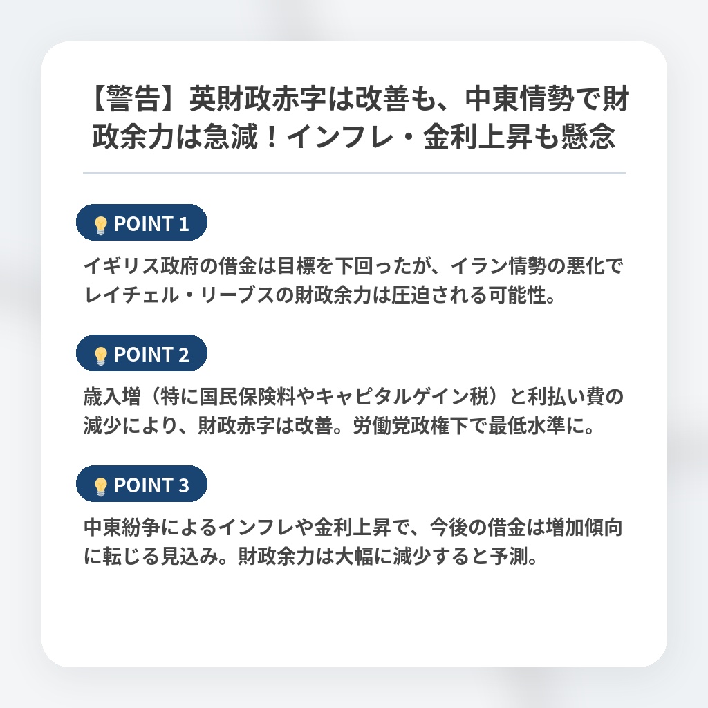 【警告】英財政赤字は改善も、中東情勢で財政余力は急減！インフレ・金利上昇も懸念の注目ポイントまとめ