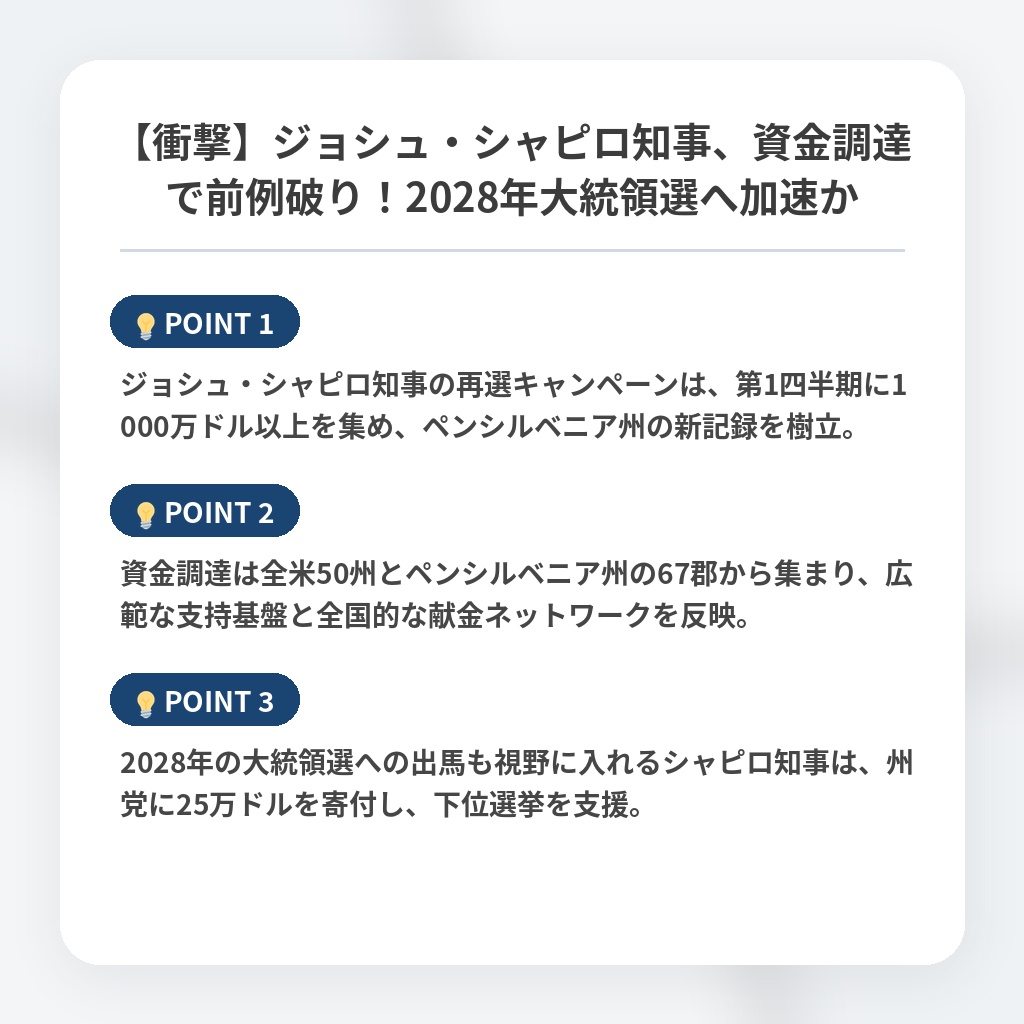 【衝撃】ジョシュ・シャピロ知事、資金調達で前例破り！2028年大統領選へ加速かの注目ポイントまとめ