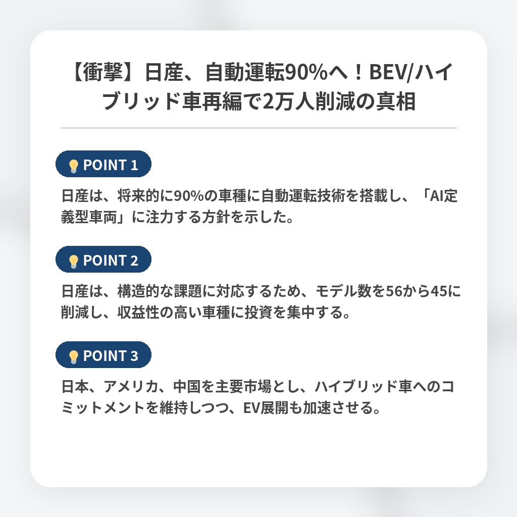 【衝撃】日産、自動運転90%へ!BEV/ハイブリッド車再編で2万人削減の真相の注目ポイントまとめ