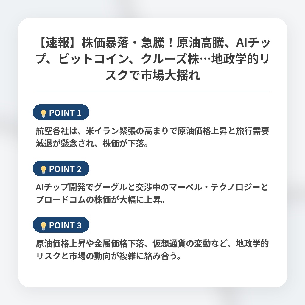 【速報】株価暴落・急騰！原油高騰、AIチップ、ビットコイン、クルーズ株…地政学的リスクで市場大揺れの注目ポイントまとめ