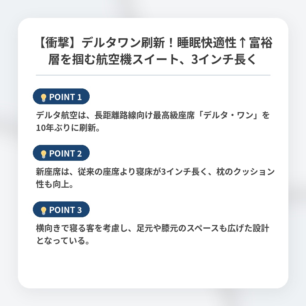 【衝撃】デルタワン刷新!睡眠快適性↑富裕層を掴む航空機スイート、3インチ長くの注目ポイントまとめ