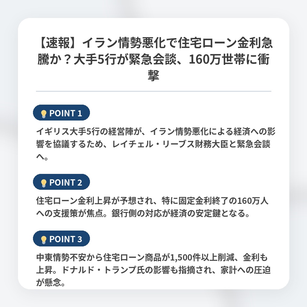 【速報】イラン情勢悪化で住宅ローン金利急騰か？大手5行が緊急会談、160万世帯に衝撃の注目ポイントまとめ
