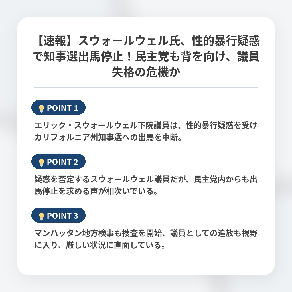【速報】スウォールウェル氏、性的暴行疑惑で知事選出馬停止!民主党も背を向け、議員失格の危機かの注目ポイントまとめ