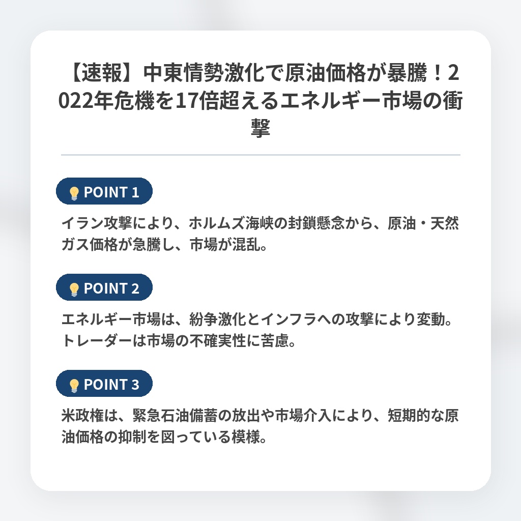 【速報】中東情勢激化で原油価格が暴騰！2022年危機を17倍超えるエネルギー市場の衝撃の注目ポイントまとめ