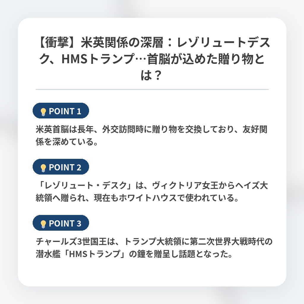 【衝撃】米英関係の深層：レゾリュートデスク、HMSトランプ…首脳が込めた贈り物とは？の注目ポイントまとめ