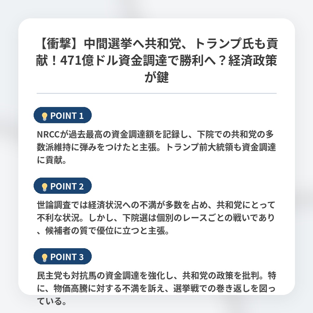 【衝撃】中間選挙へ共和党、トランプ氏も貢献！471億ドル資金調達で勝利へ？経済政策が鍵の注目ポイントまとめ