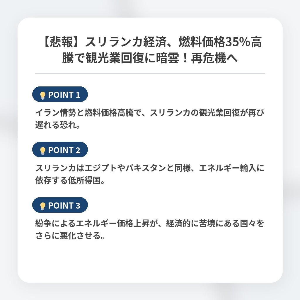 【悲報】スリランカ経済、燃料価格35%高騰で観光業回復に暗雲!再危機への注目ポイントまとめ