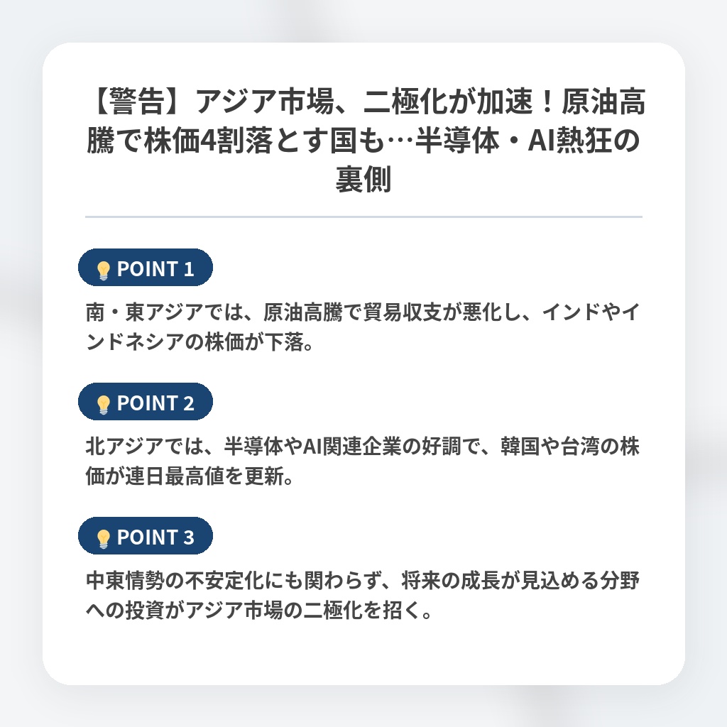 【警告】アジア市場、二極化が加速！原油高騰で株価4割落とす国も…半導体・AI熱狂の裏側の注目ポイントまとめ