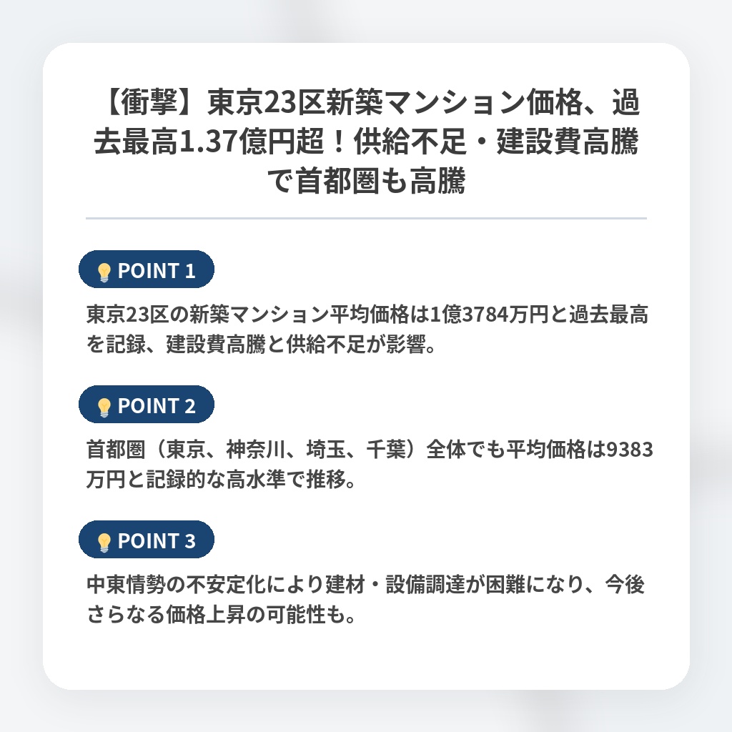 【衝撃】東京23区新築マンション価格、過去最高1.37億円超！供給不足・建設費高騰で首都圏も高騰の注目ポイントまとめ