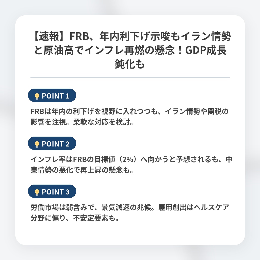 【速報】FRB、年内利下げ示唆もイラン情勢と原油高でインフレ再燃の懸念!GDP成長鈍化もの注目ポイントまとめ