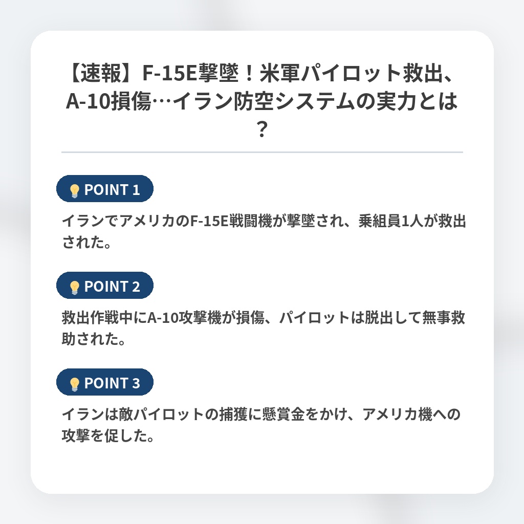 【速報】F-15E撃墜！米軍パイロット救出、A-10損傷…イラン防空システムの実力とは？の注目ポイントまとめ