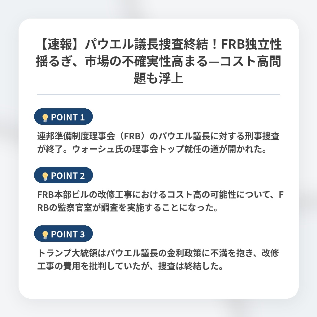 【速報】パウエル議長捜査終結！FRB独立性揺るぎ、市場の不確実性高まる—コスト高問題も浮上の注目ポイントまとめ