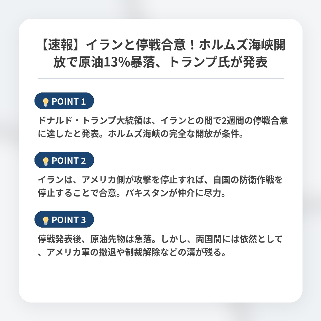 【速報】イランと停戦合意!ホルムズ海峡開放で原油13%暴落、トランプ氏が発表の注目ポイントまとめ