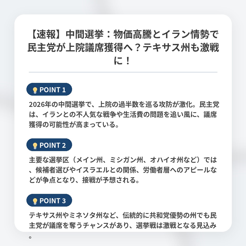 【速報】中間選挙:物価高騰とイラン情勢で民主党が上院議席獲得へ?テキサス州も激戦に!の注目ポイントまとめ