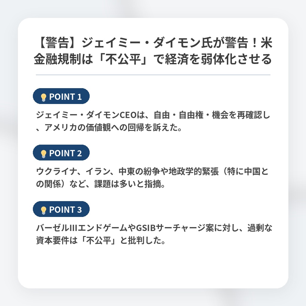 【警告】ジェイミー・ダイモン氏が警告！米金融規制は「不公平」で経済を弱体化させるの注目ポイントまとめ