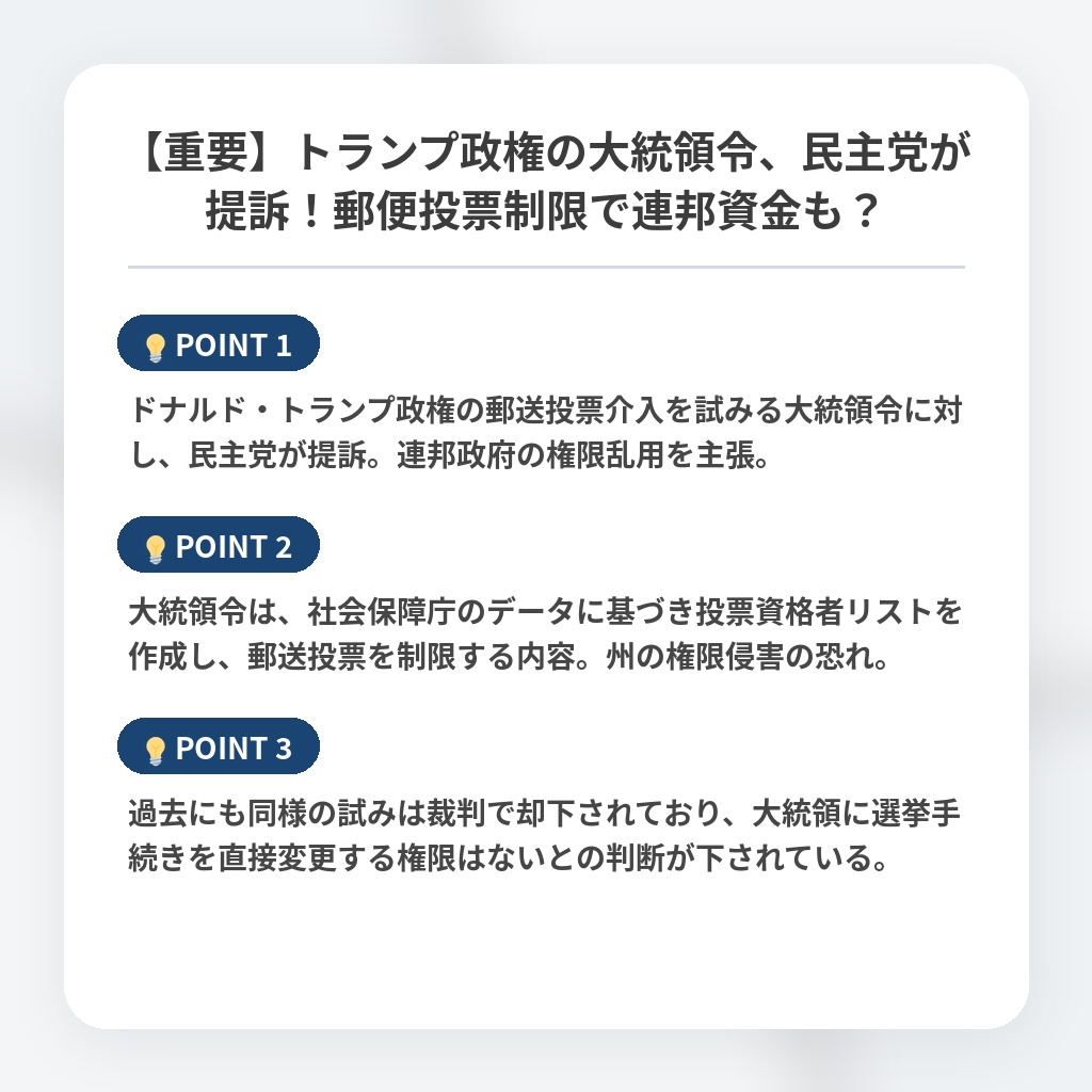 【重要】トランプ政権の大統領令、民主党が提訴！郵便投票制限で連邦資金も？の注目ポイントまとめ