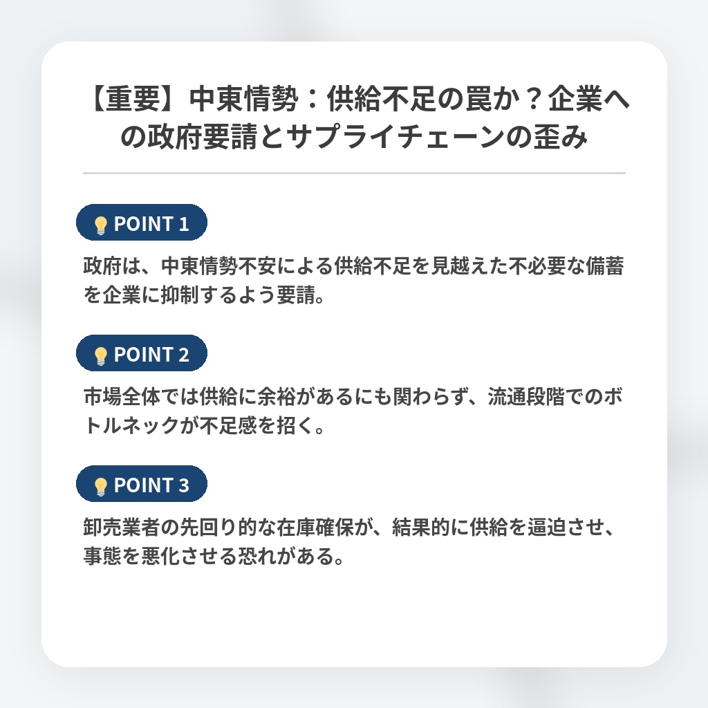 【重要】中東情勢：供給不足の罠か？企業への政府要請とサプライチェーンの歪みの注目ポイントまとめ
