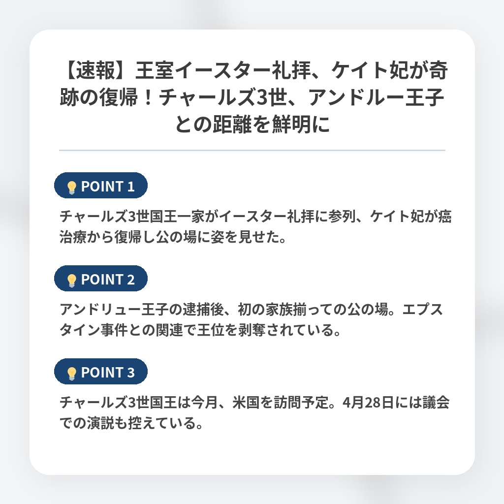 【速報】王室イースター礼拝、ケイト妃が奇跡の復帰!チャールズ3世、アンドルー王子との距離を鮮明にの注目ポイントまとめ