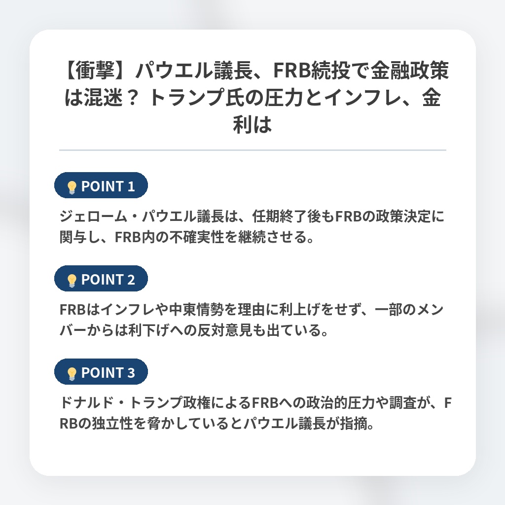 【衝撃】パウエル議長、FRB続投で金融政策は混迷？ トランプ氏の圧力とインフレ、金利はの注目ポイントまとめ