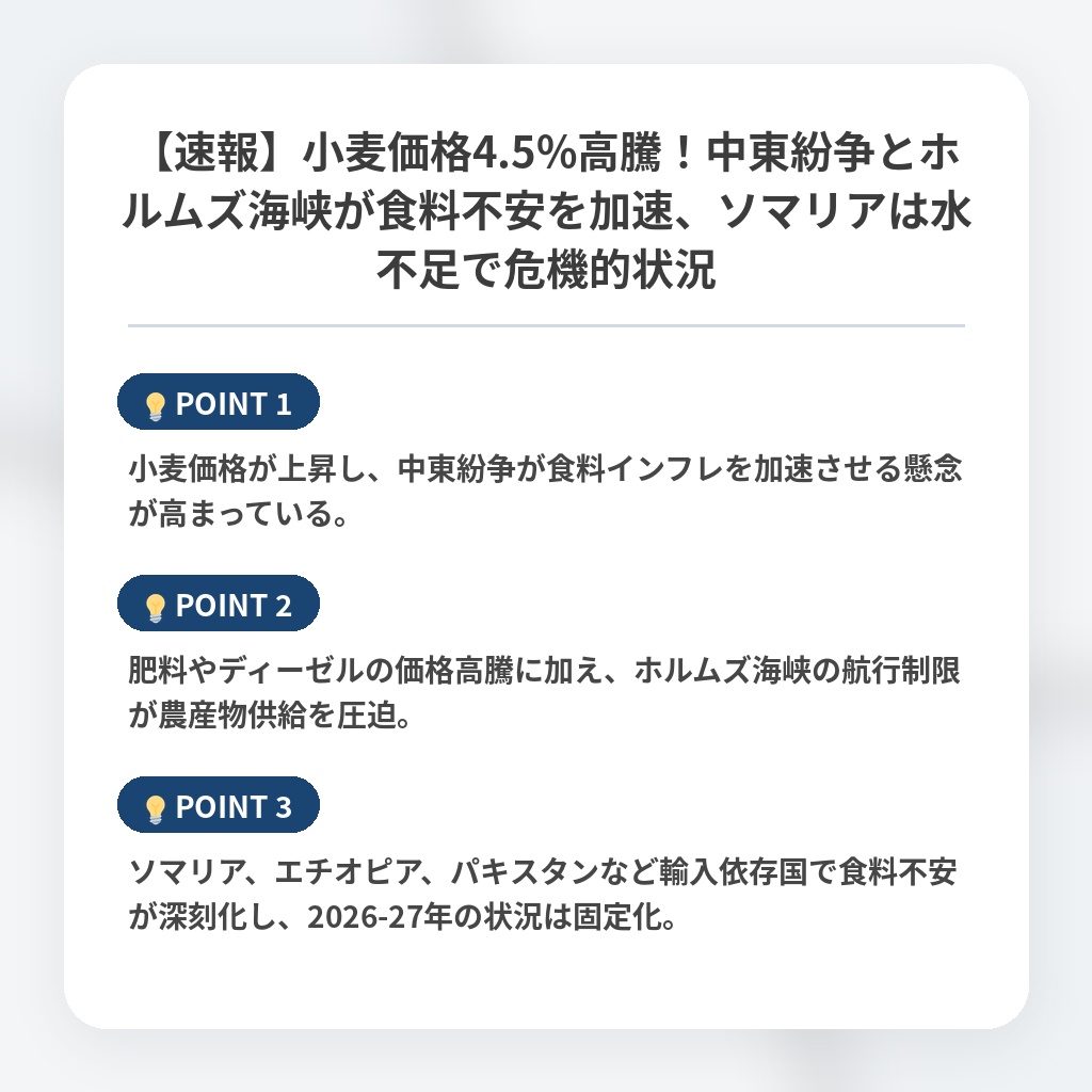 【速報】小麦価格4.5%高騰！中東紛争とホルムズ海峡が食料不安を加速、ソマリアは水不足で危機的状況の注目ポイントまとめ