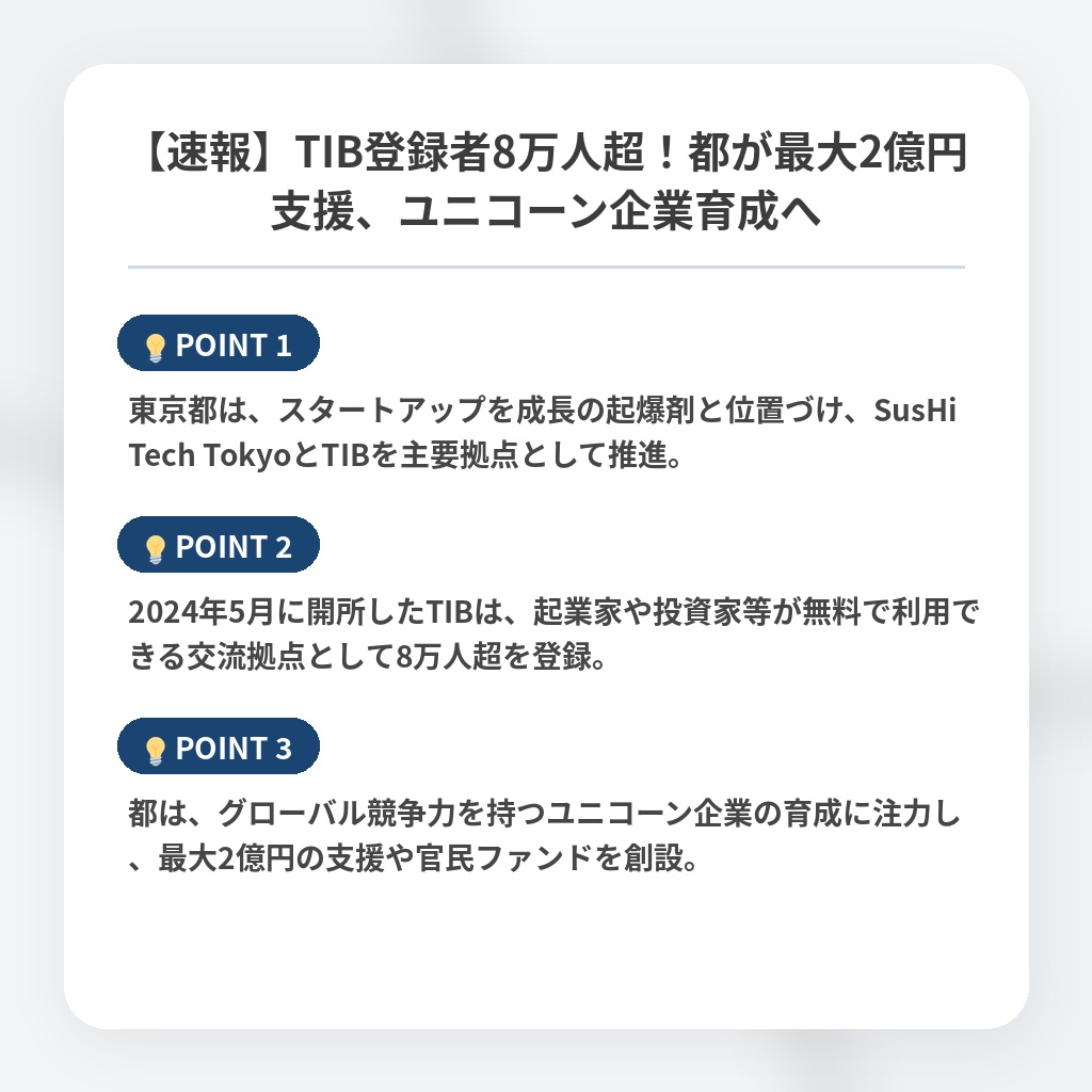 【速報】TIB登録者8万人超！都が最大2億円支援、ユニコーン企業育成への注目ポイントまとめ