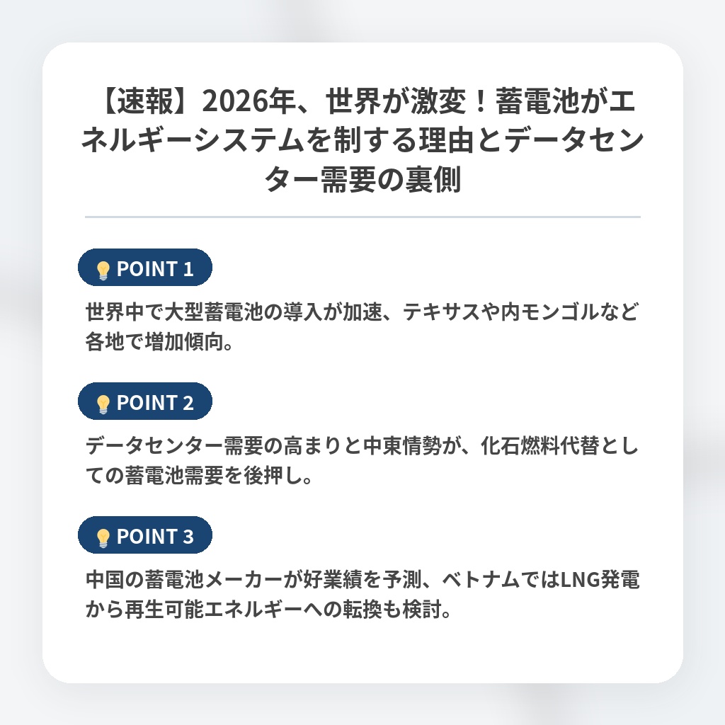 【速報】2026年、世界が激変！蓄電池がエネルギーシステムを制する理由とデータセンター需要の裏側の注目ポイントまとめ
