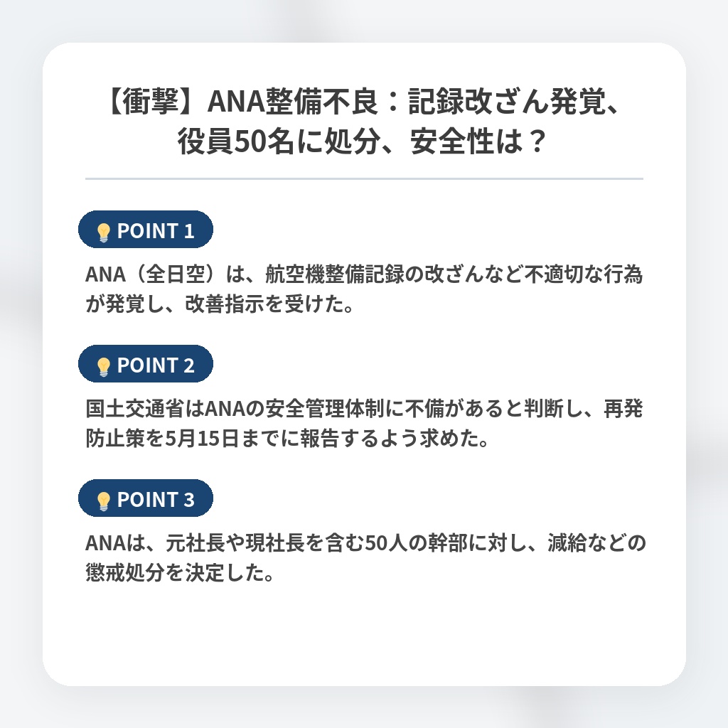 【衝撃】ANA整備不良：記録改ざん発覚、役員50名に処分、安全性は？の注目ポイントまとめ