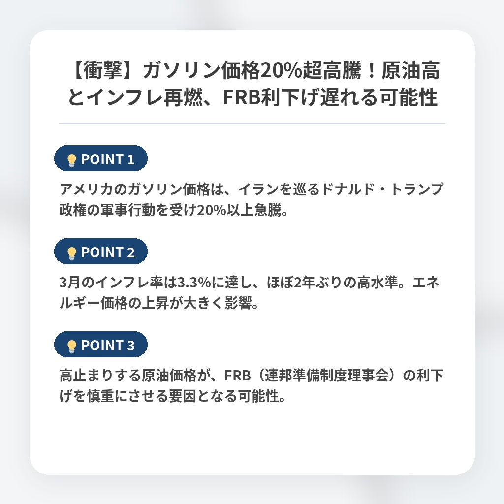 【衝撃】ガソリン価格20%超高騰！原油高とインフレ再燃、FRB利下げ遅れる可能性の注目ポイントまとめ
