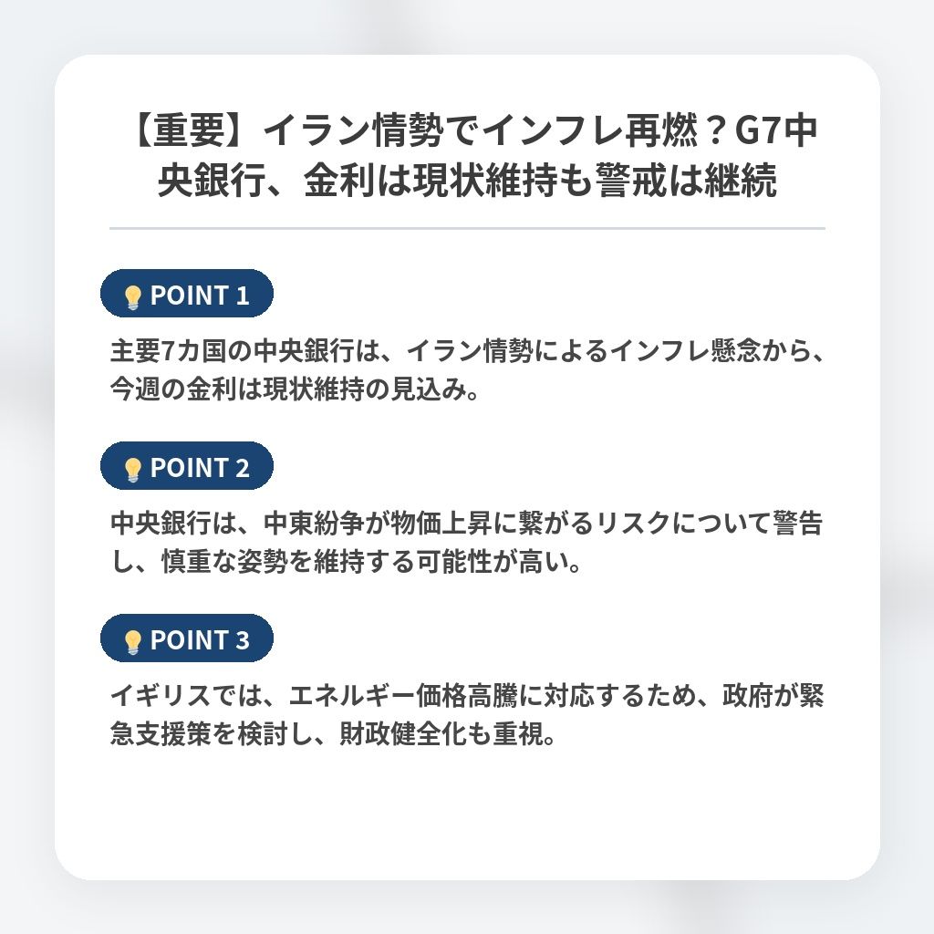 【重要】イラン情勢でインフレ再燃？G7中央銀行、金利は現状維持も警戒は継続の注目ポイントまとめ