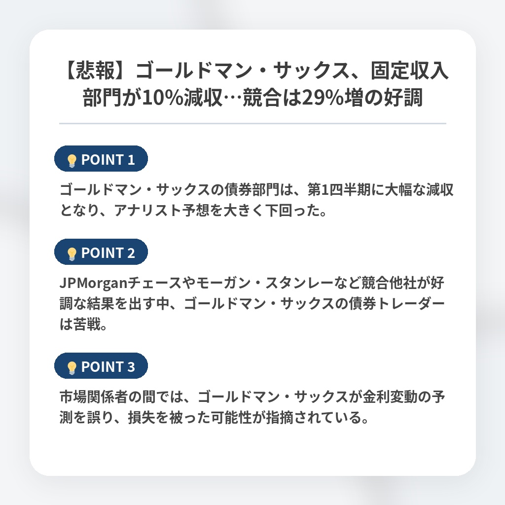 【悲報】ゴールドマン・サックス、固定収入部門が10%減収…競合は29%増の好調の注目ポイントまとめ