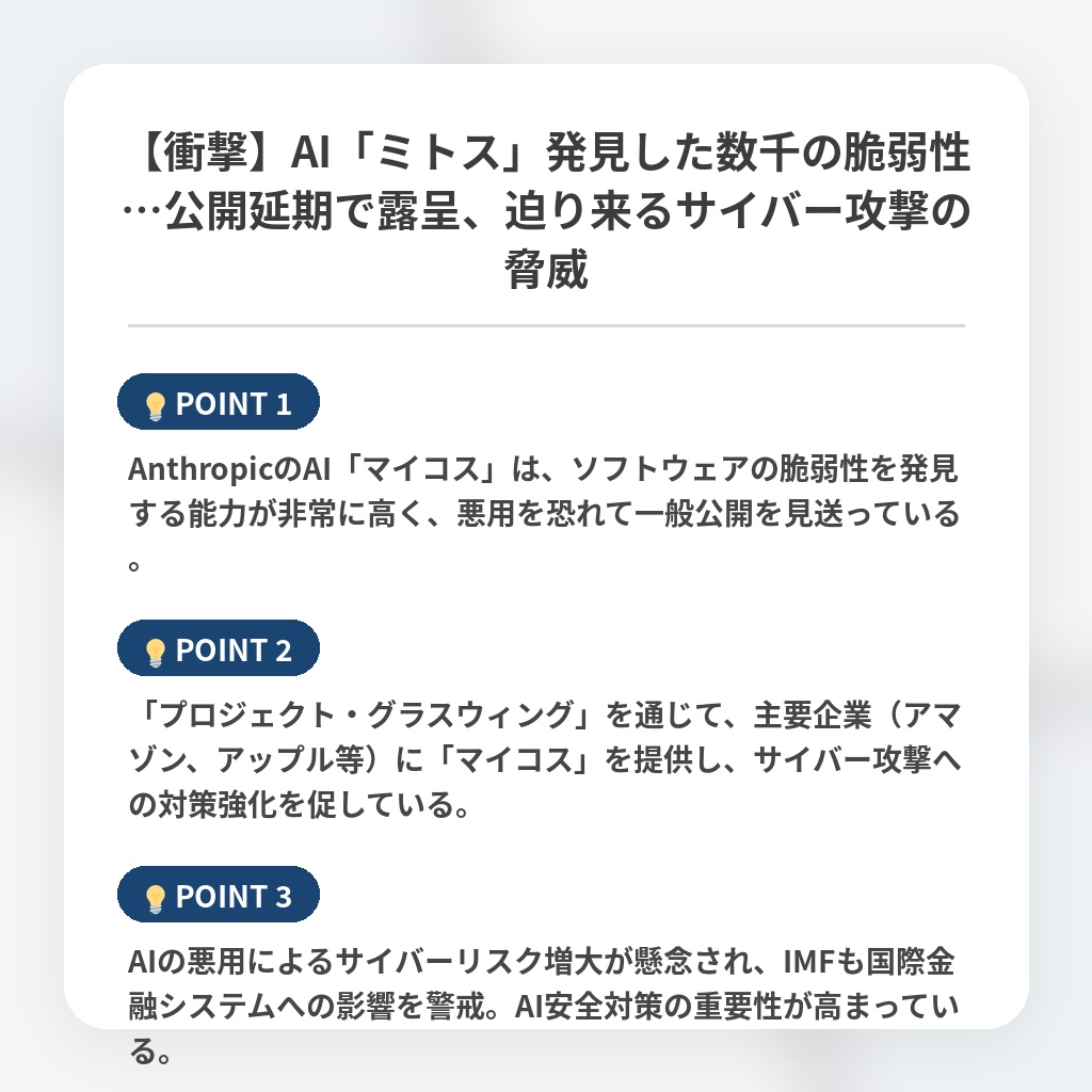 【衝撃】AI「ミトス」発見した数千の脆弱性…公開延期で露呈、迫り来るサイバー攻撃の脅威の注目ポイントまとめ