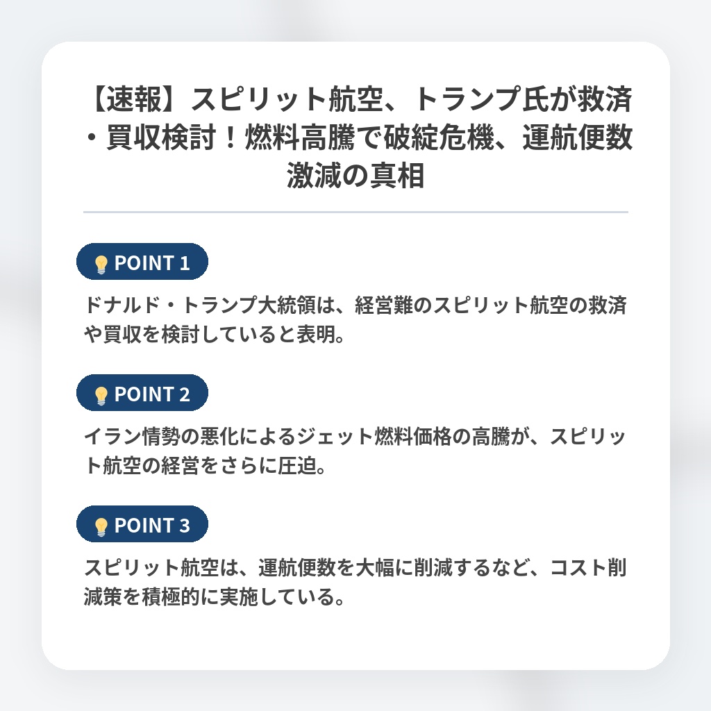 【速報】スピリット航空、トランプ氏が救済・買収検討！燃料高騰で破綻危機、運航便数激減の真相の注目ポイントまとめ