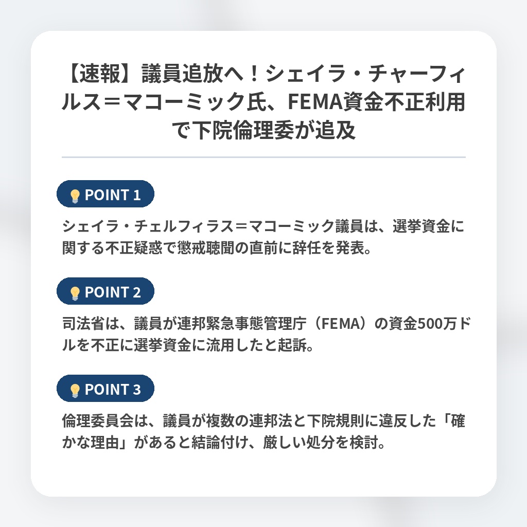 【速報】議員追放へ！シェイラ・チャーフィルス＝マコーミック氏、FEMA資金不正利用で下院倫理委が追及の注目ポイントまとめ