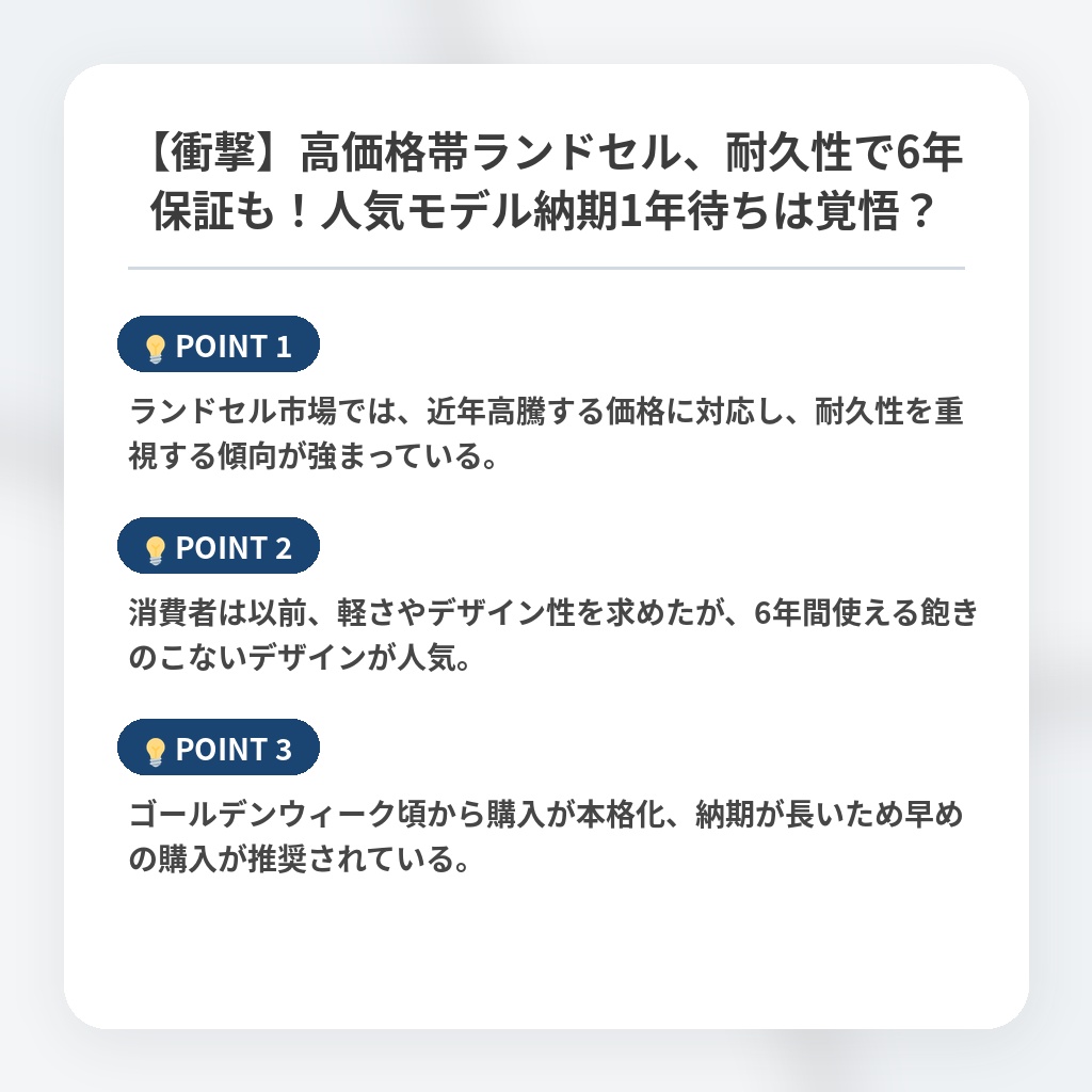 【衝撃】高価格帯ランドセル、耐久性で6年保証も！人気モデル納期1年待ちは覚悟？の注目ポイントまとめ