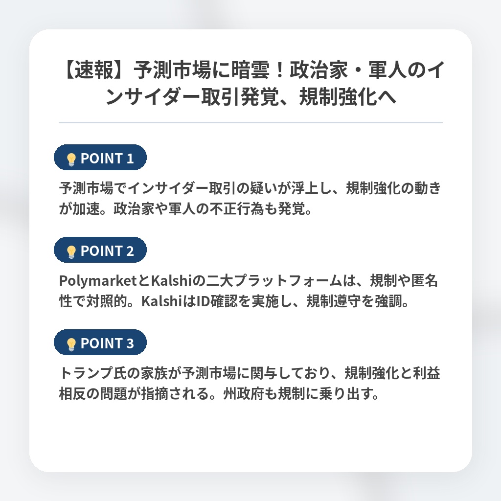 【速報】予測市場に暗雲！政治家・軍人のインサイダー取引発覚、規制強化への注目ポイントまとめ