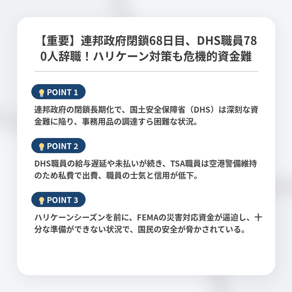 【重要】連邦政府閉鎖68日目、DHS職員780人辞職！ハリケーン対策も危機的資金難の注目ポイントまとめ