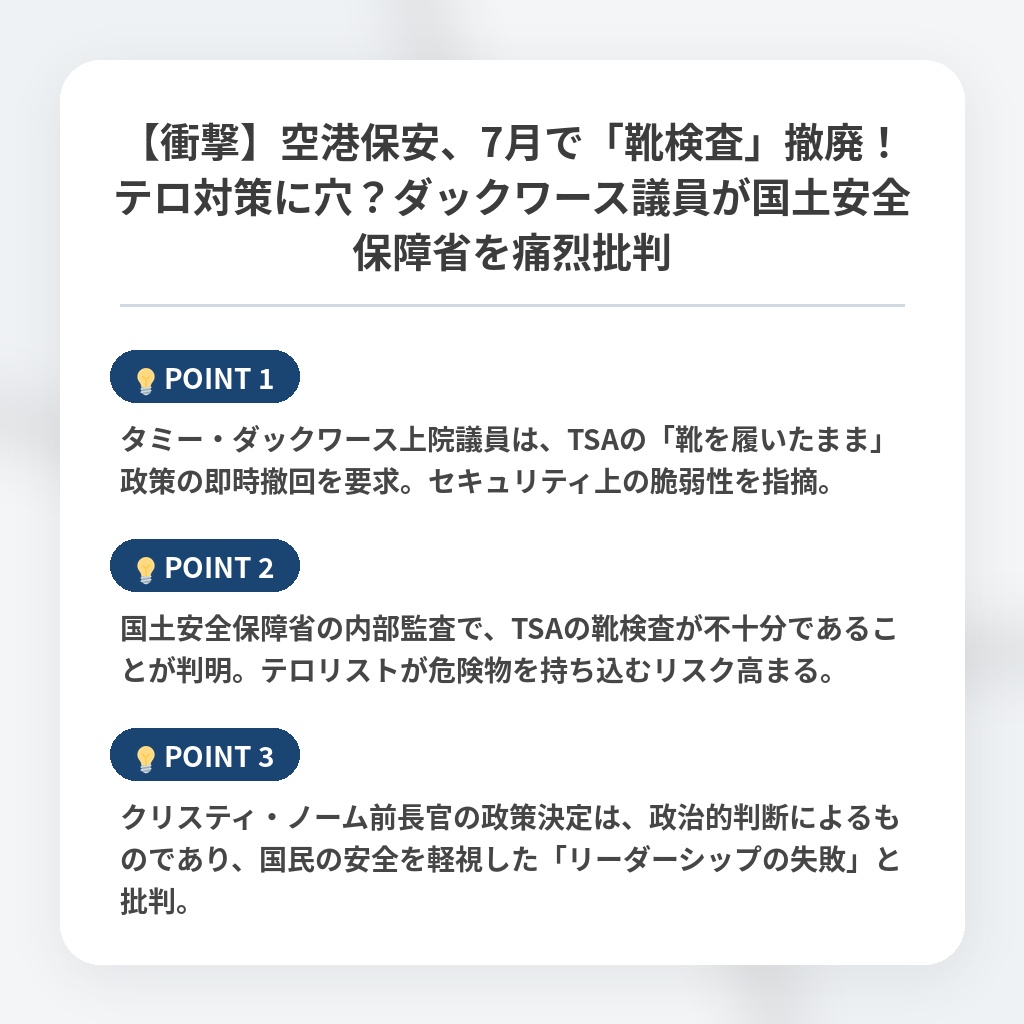 【衝撃】空港保安、7月で「靴検査」撤廃!テロ対策に穴?ダックワース議員が国土安全保障省を痛烈批判の注目ポイントまとめ