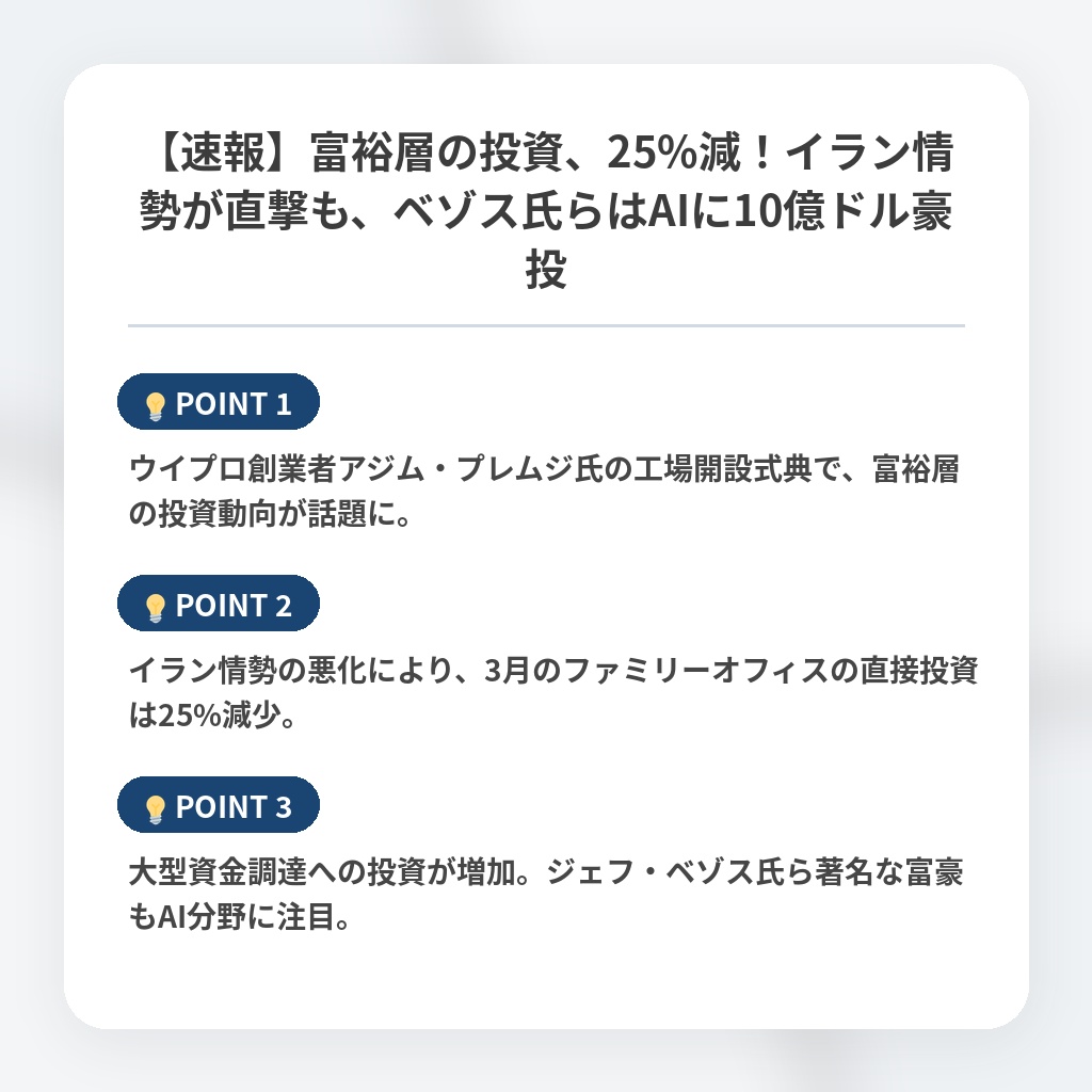 【速報】富裕層の投資、25%減！イラン情勢が直撃も、ベゾス氏らはAIに10億ドル豪投の注目ポイントまとめ