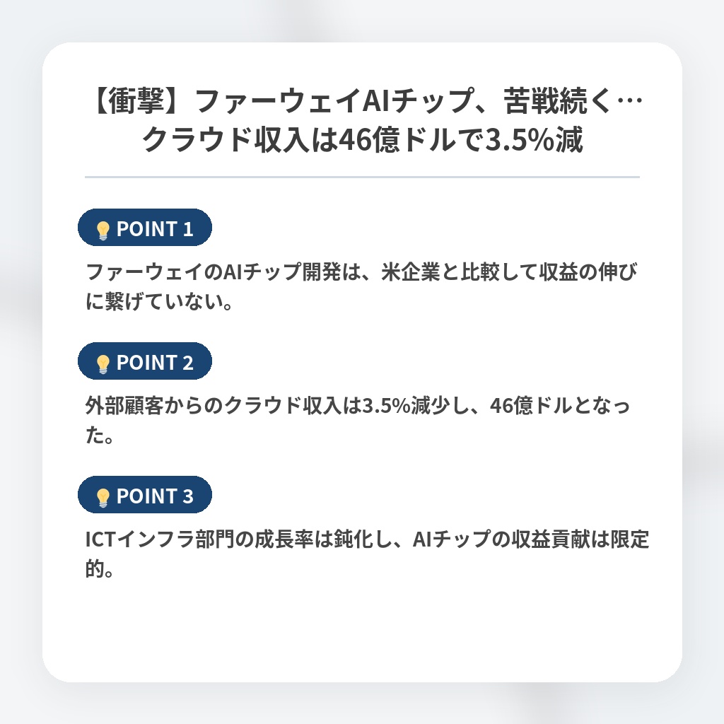 【衝撃】ファーウェイAIチップ、苦戦続く…クラウド収入は46億ドルで3.5%減の注目ポイントまとめ